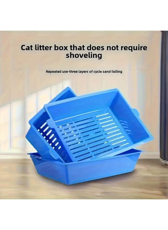 Blue 3 Tier Heavy Duty Cat Litter Box With Removable Trays No Overflow Easy Clean - Image 1